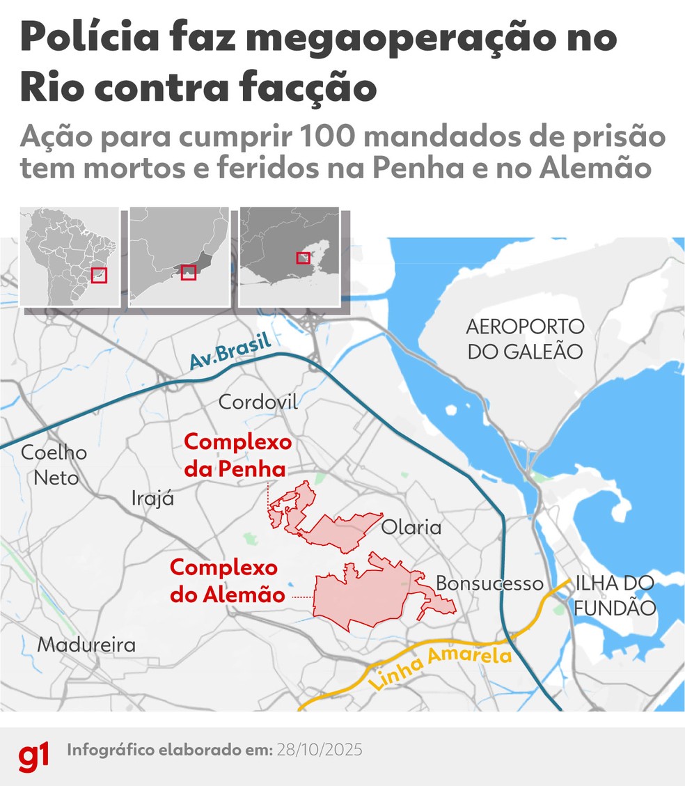 Infográfico - megaoperação contra facção no Rio tem mortos e feridos — Foto: Arte/g1