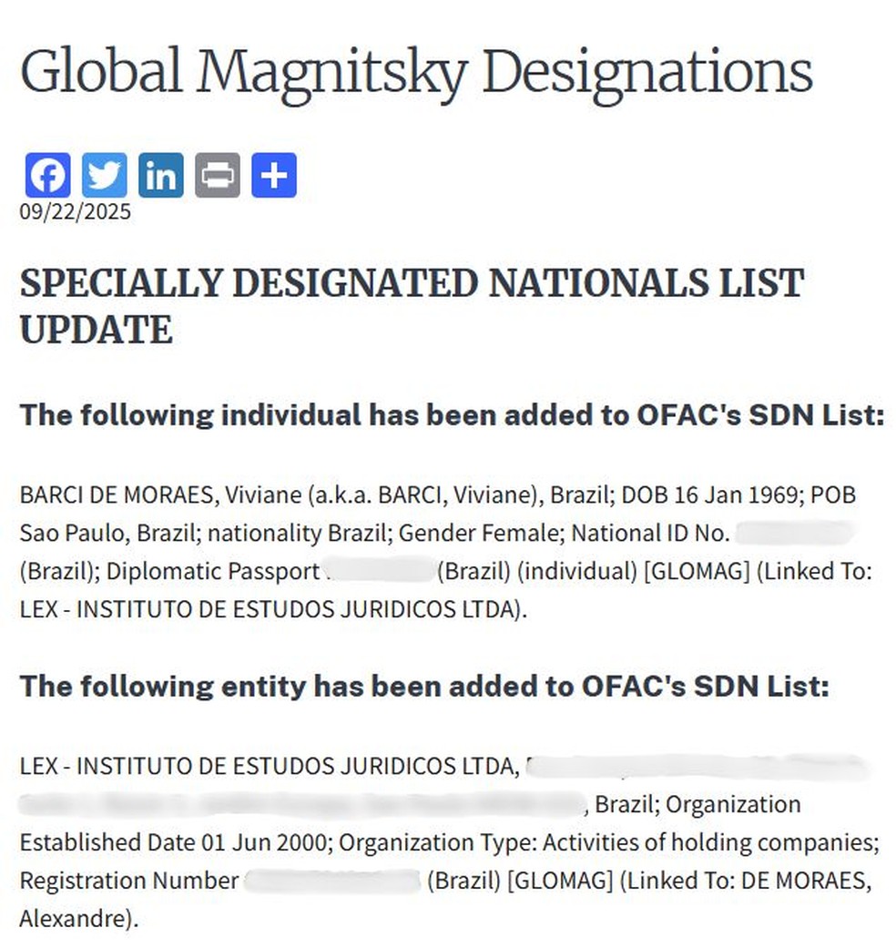 Governo Trump anuncia sanção contra Viviane Barci de Moraes, esposa do ministro do STF Alexandre de Moraes, em 22 de setembro de 2025. — Foto: Reprodução/Departamento do Tesouro dos EUA