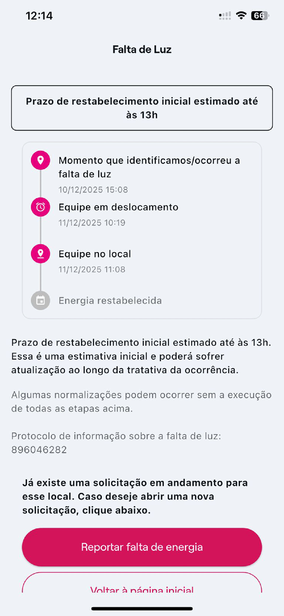 Enel deu inicialmente prazo até 12h desta quinta para restabelecer energia em condomínio de cliente da Zona Sul de São Paulo. Depois mudou tempo para 13h — Foto: Reprodução/Arquivo pessoal